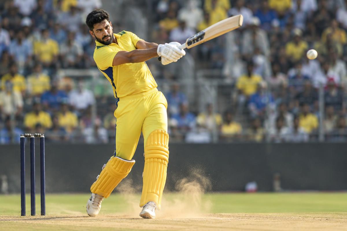 AI cricket illustration of Shivam Dube’s powerful batting in yellow kit