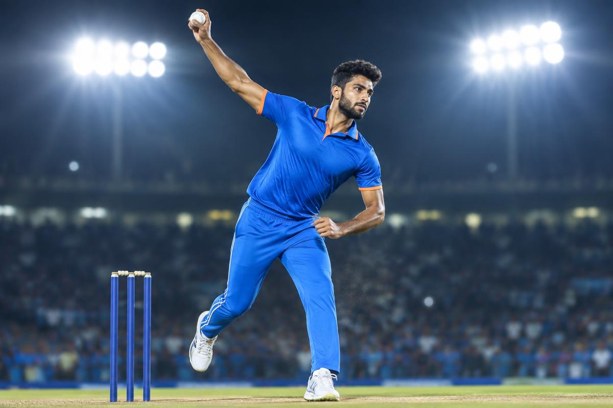 AI cricket illustration of Shivam Dube bowling right-arm medium in blue kit