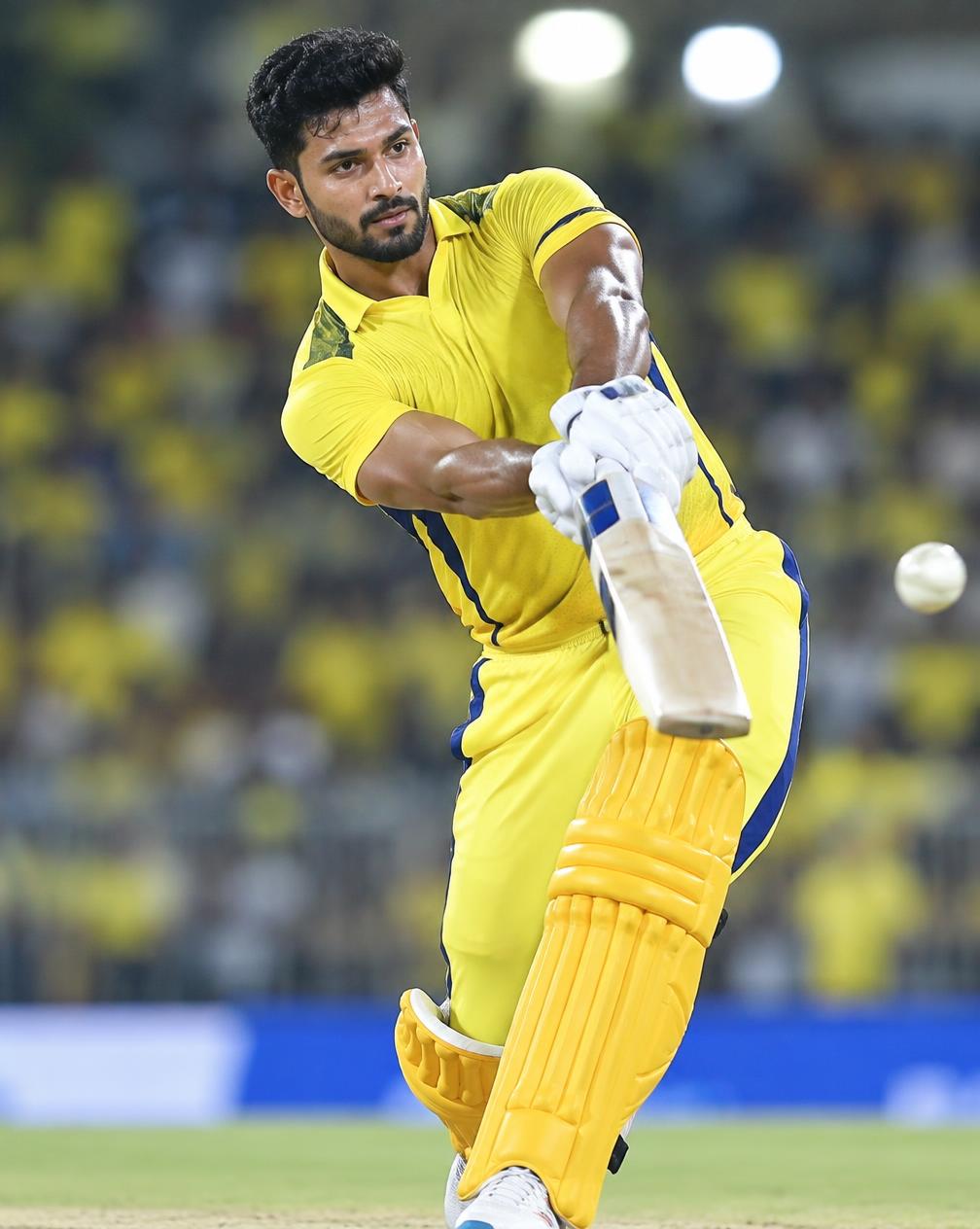AI illustration of Shivam Dube playing a shot in yellow cricket kit